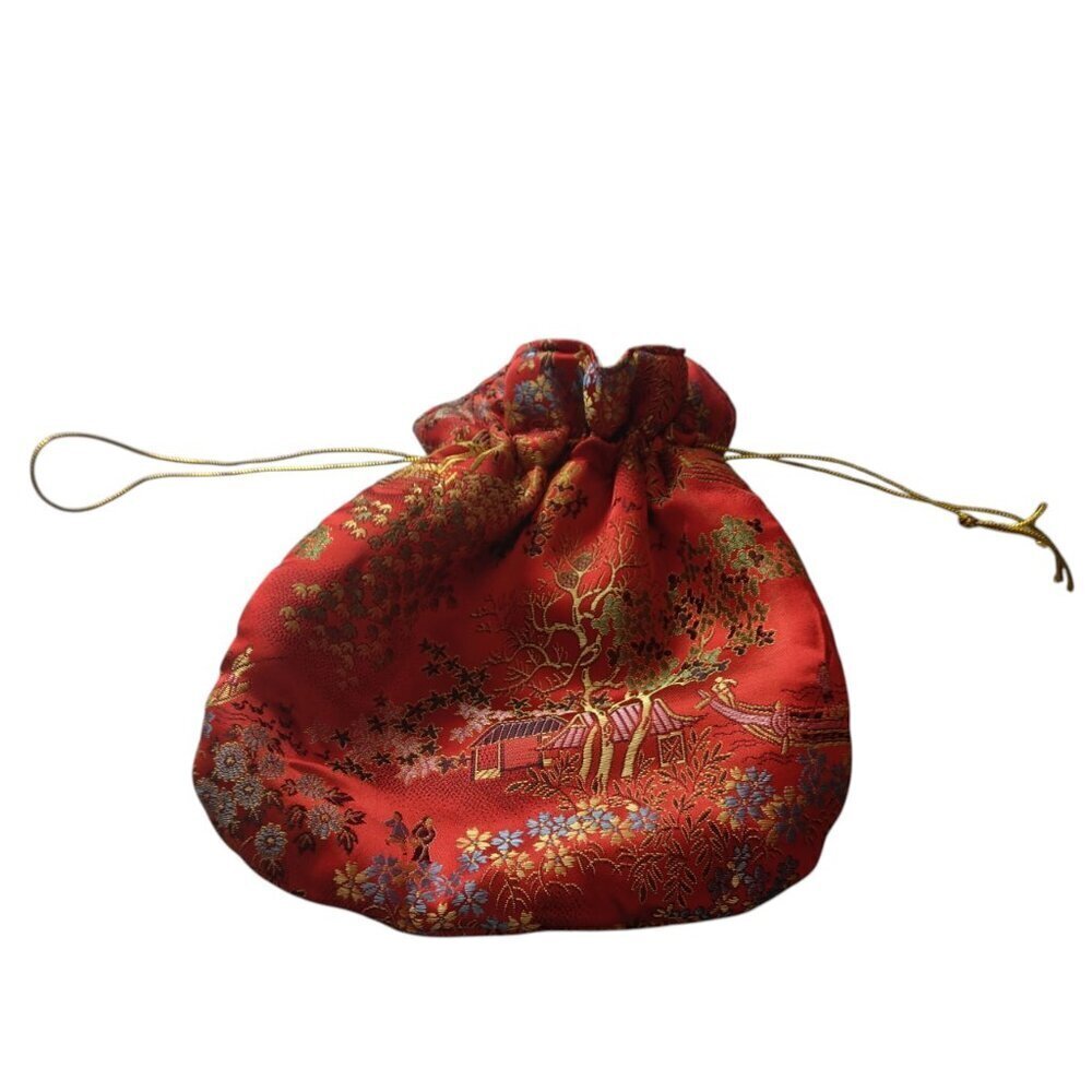 Chinese/Asian Print Red Drawstring Pouch Purse Colorful Silky Classic Dainty